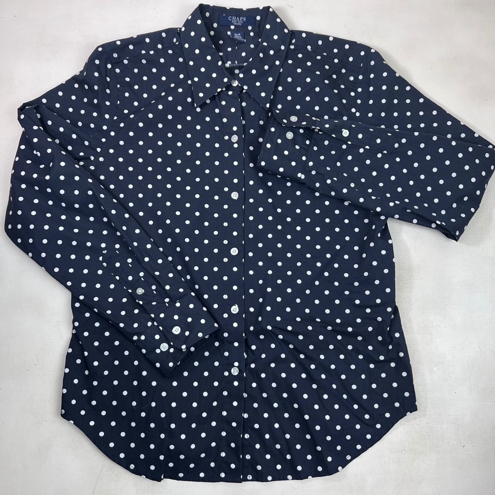 Chaps Womens Petite Polka Dot Button Down Shirt Long Sleeve Size MP Blue White‎ - Picture 2 of 9